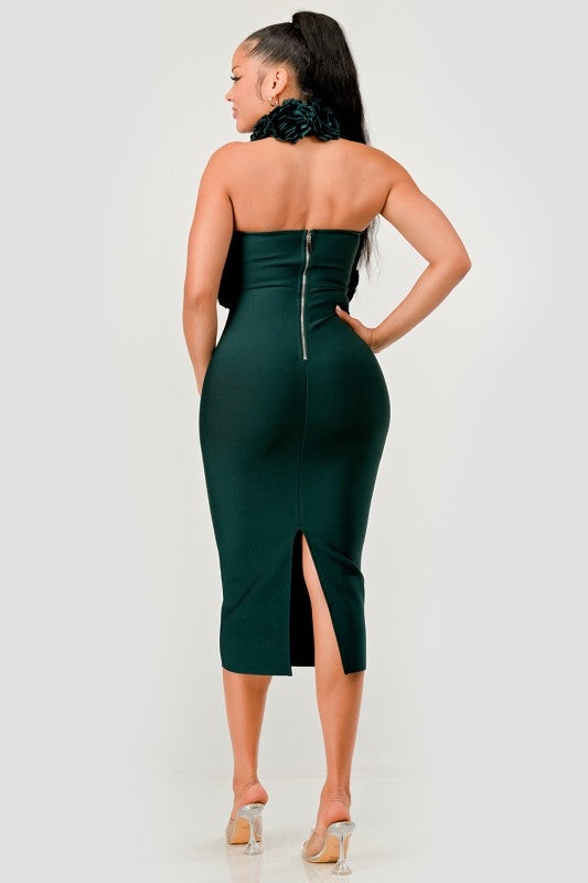 Rose Applique Halter Midi Evening Party Dress - Xtreme Shopper