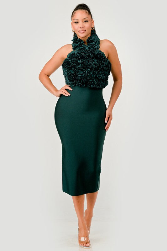 Rose Applique Halter Midi Evening Party Dress - Xtreme Shopper