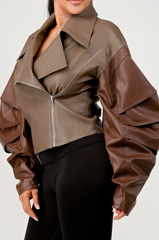 Trendy Two-Tone Faux Leather Jacket with Layered Sleeves - Xtreme Shopper