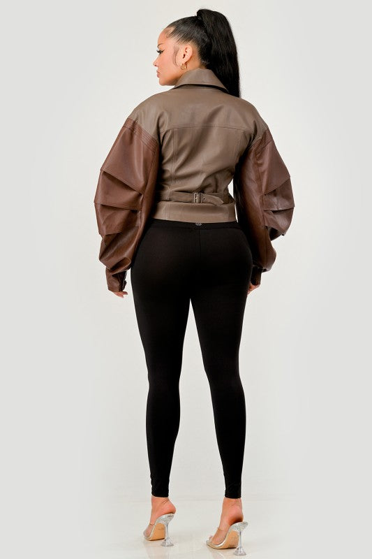 Trendy Two-Tone Faux Leather Jacket with Layered Sleeves - Xtreme Shopper