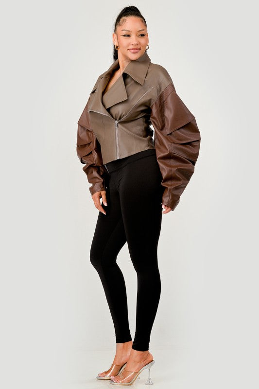 Trendy Two-Tone Faux Leather Jacket with Layered Sleeves - Xtreme Shopper