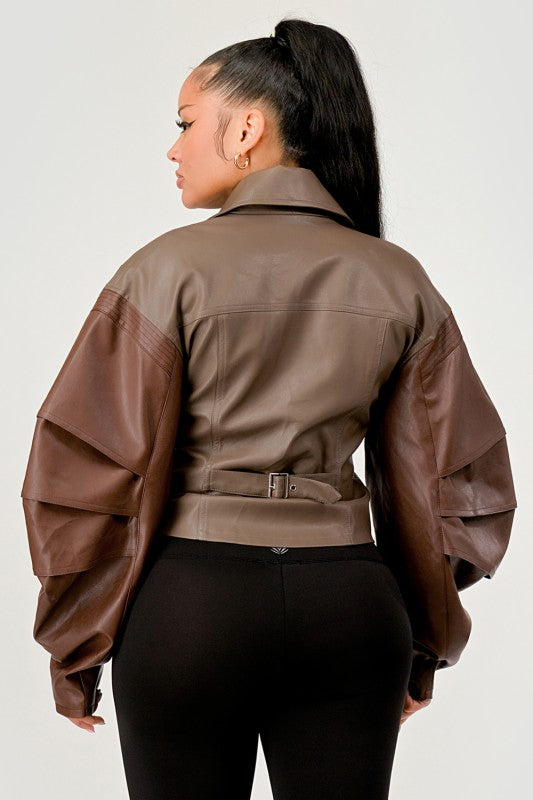 Trendy Two-Tone Faux Leather Jacket with Layered Sleeves - Xtreme Shopper