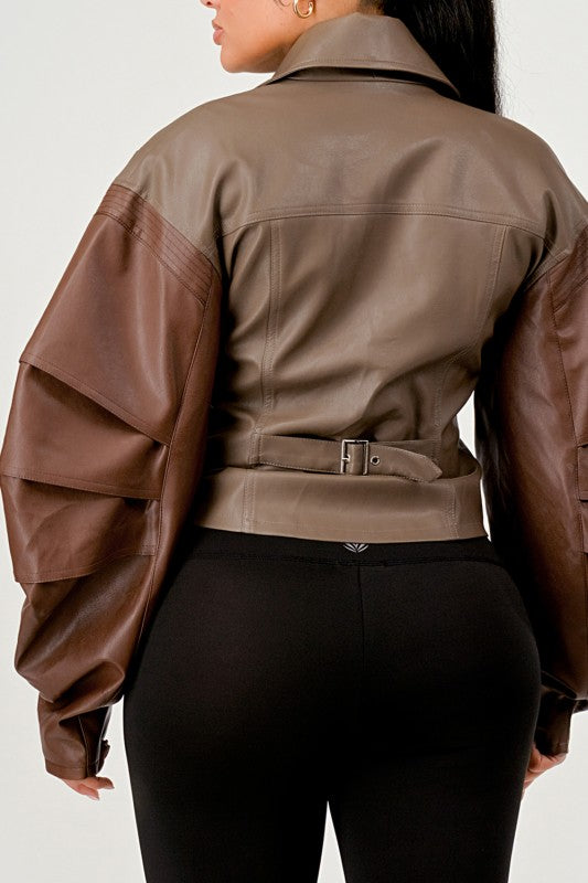 Trendy Two-Tone Faux Leather Jacket with Layered Sleeves - Xtreme Shopper