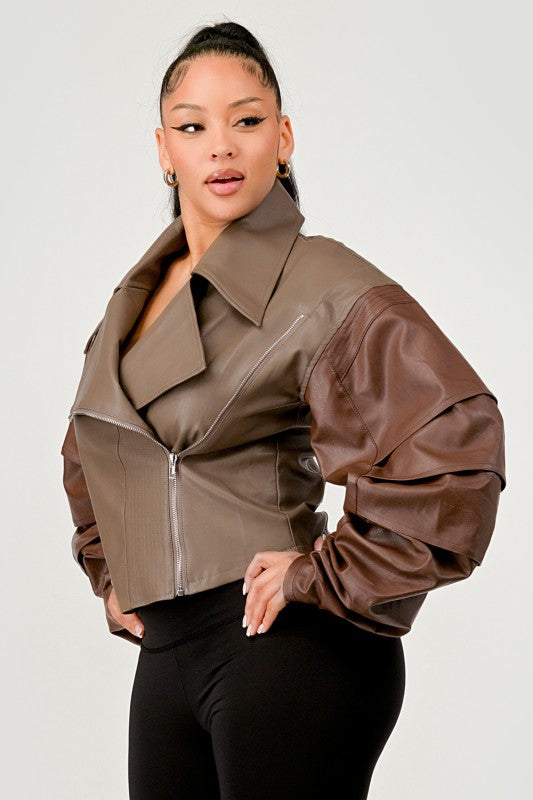 Trendy Two-Tone Faux Leather Jacket with Layered Sleeves - Xtreme Shopper