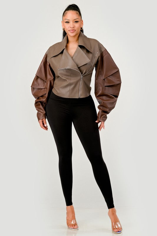 Trendy Two-Tone Faux Leather Jacket with Layered Sleeves - Xtreme Shopper