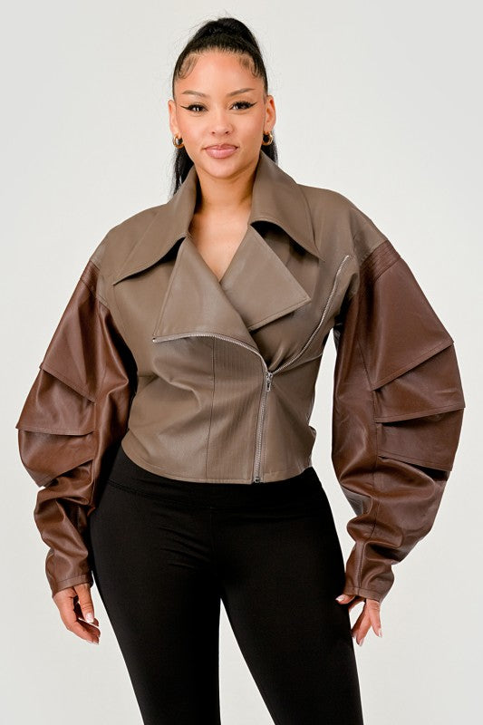 Trendy Two-Tone Faux Leather Jacket with Layered Sleeves - Xtreme Shopper