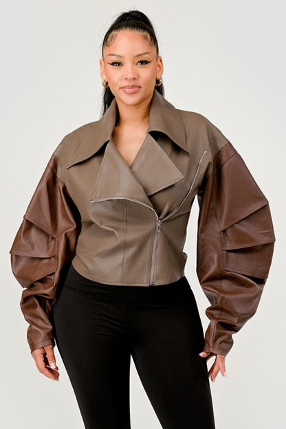 Trendy Two-Tone Faux Leather Jacket with Layered Sleeves - Xtreme Shopper