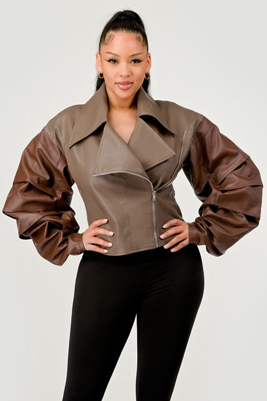 Trendy Two-Tone Faux Leather Jacket with Layered Sleeves - Xtreme Shopper
