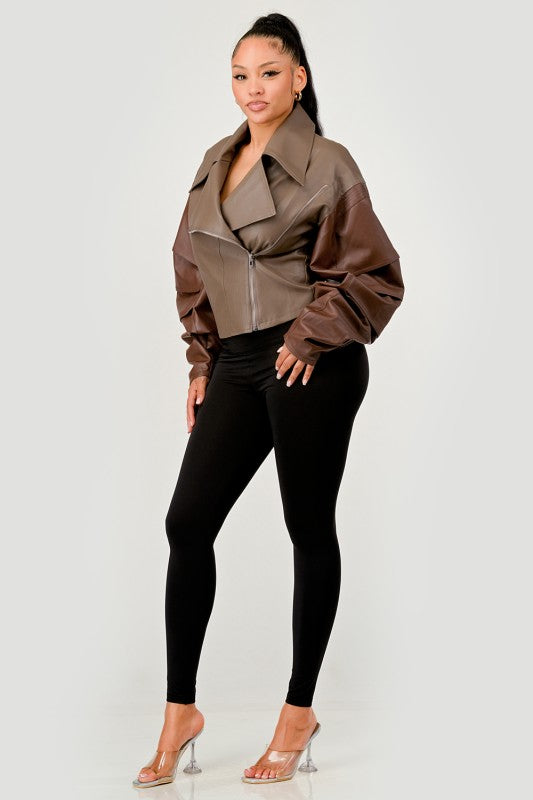 Trendy Two-Tone Faux Leather Jacket with Layered Sleeves - Xtreme Shopper