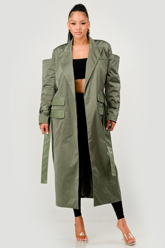 Olive Green Longline Trench Coat with Belt - Xtreme Shopper