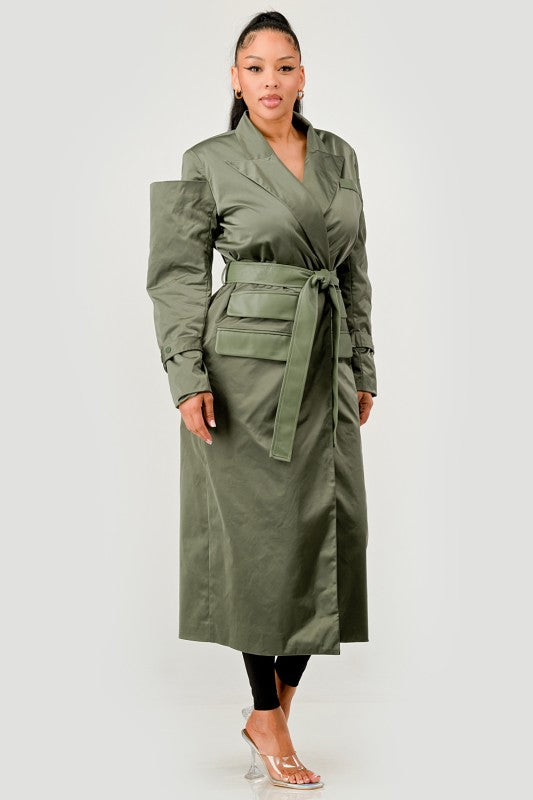 Olive Green Longline Trench Coat with Belt - Xtreme Shopper