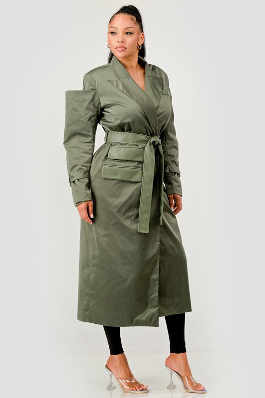 Olive Green Longline Trench Coat with Belt - Xtreme Shopper