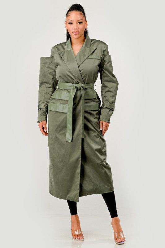 Olive Green Longline Trench Coat with Belt - Xtreme Shopper