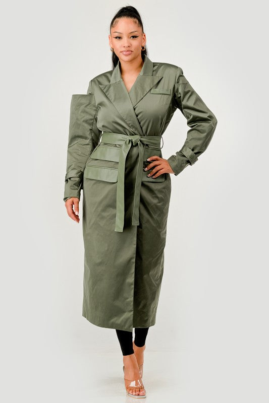 Olive Green Longline Trench Coat with Belt - Xtreme Shopper