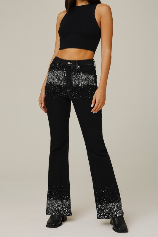 Trendy Rhinestone Boot Cut Jean in Black Denim - Xtreme Shopper