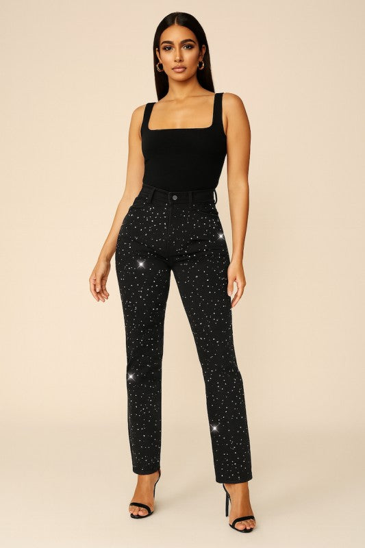 Trendy High Waisted Black Mom Jean with Rhinestones - Xtreme Shopper