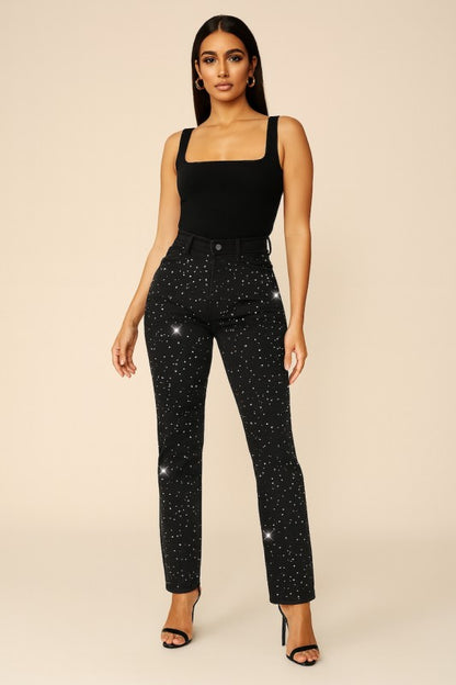 Trendy High Waisted Black Mom Jean with Rhinestones - Xtreme Shopper