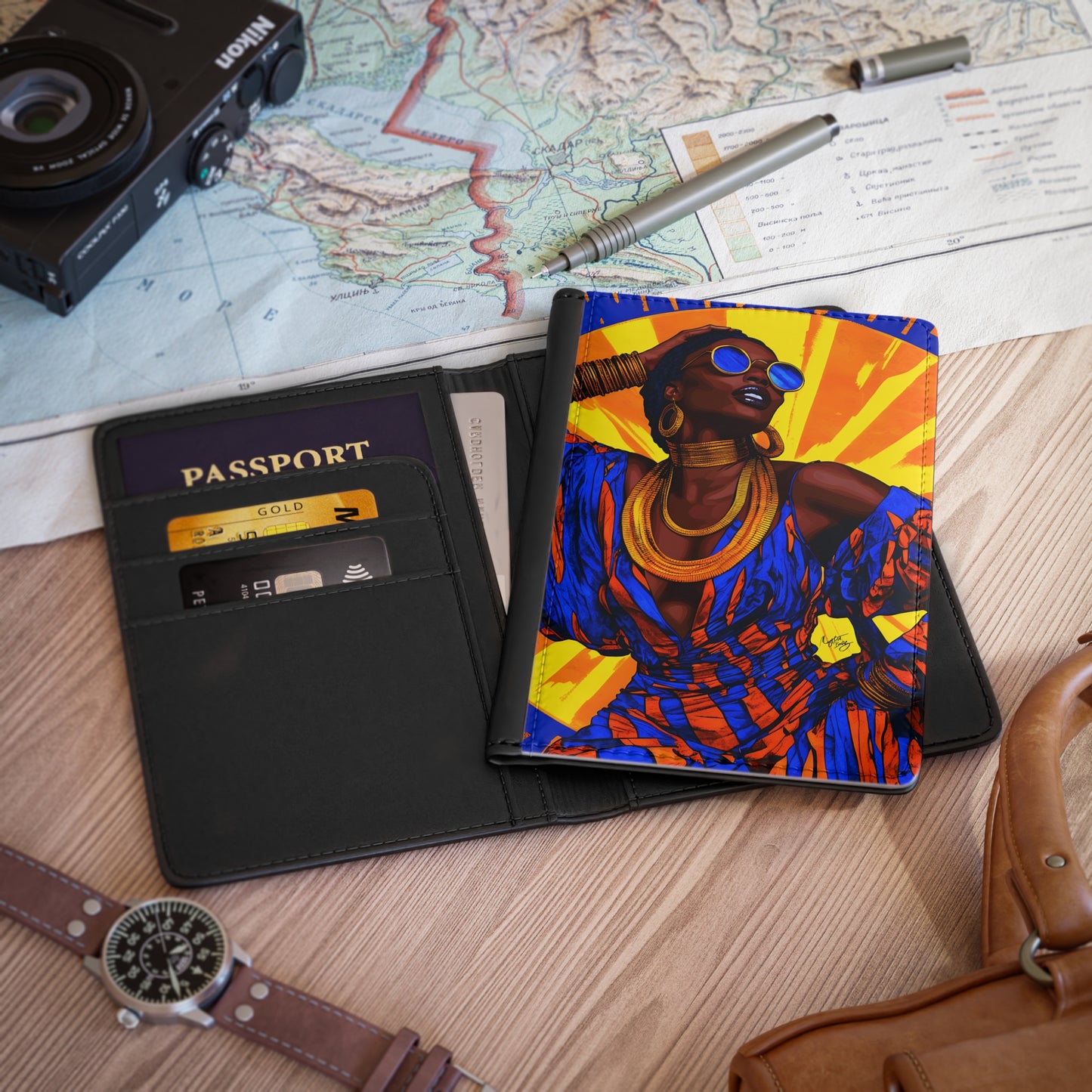 Vacation Vibing Vegan Leather Black Art RFID Blocking Passport Cover