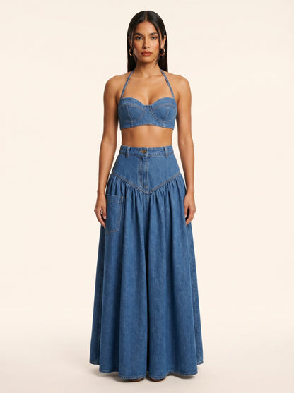 Boho Two-Piece Wide-Leg Pant Denim Set