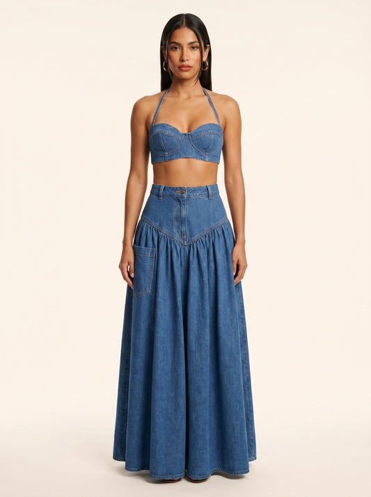 Boho Two-Piece Wide-Leg Pant Denim Set