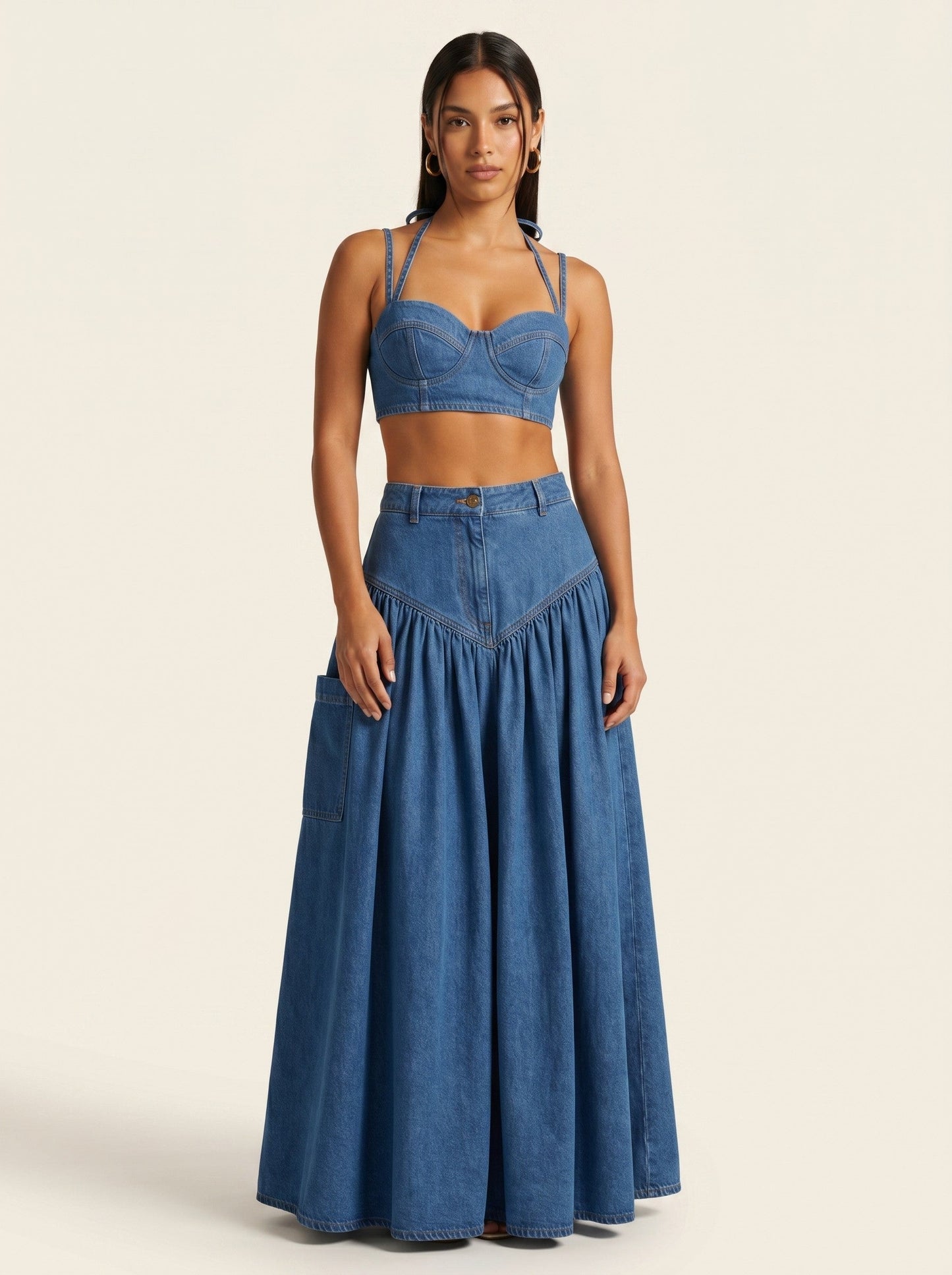 Boho Two-Piece Wide-Leg Pant Denim Set