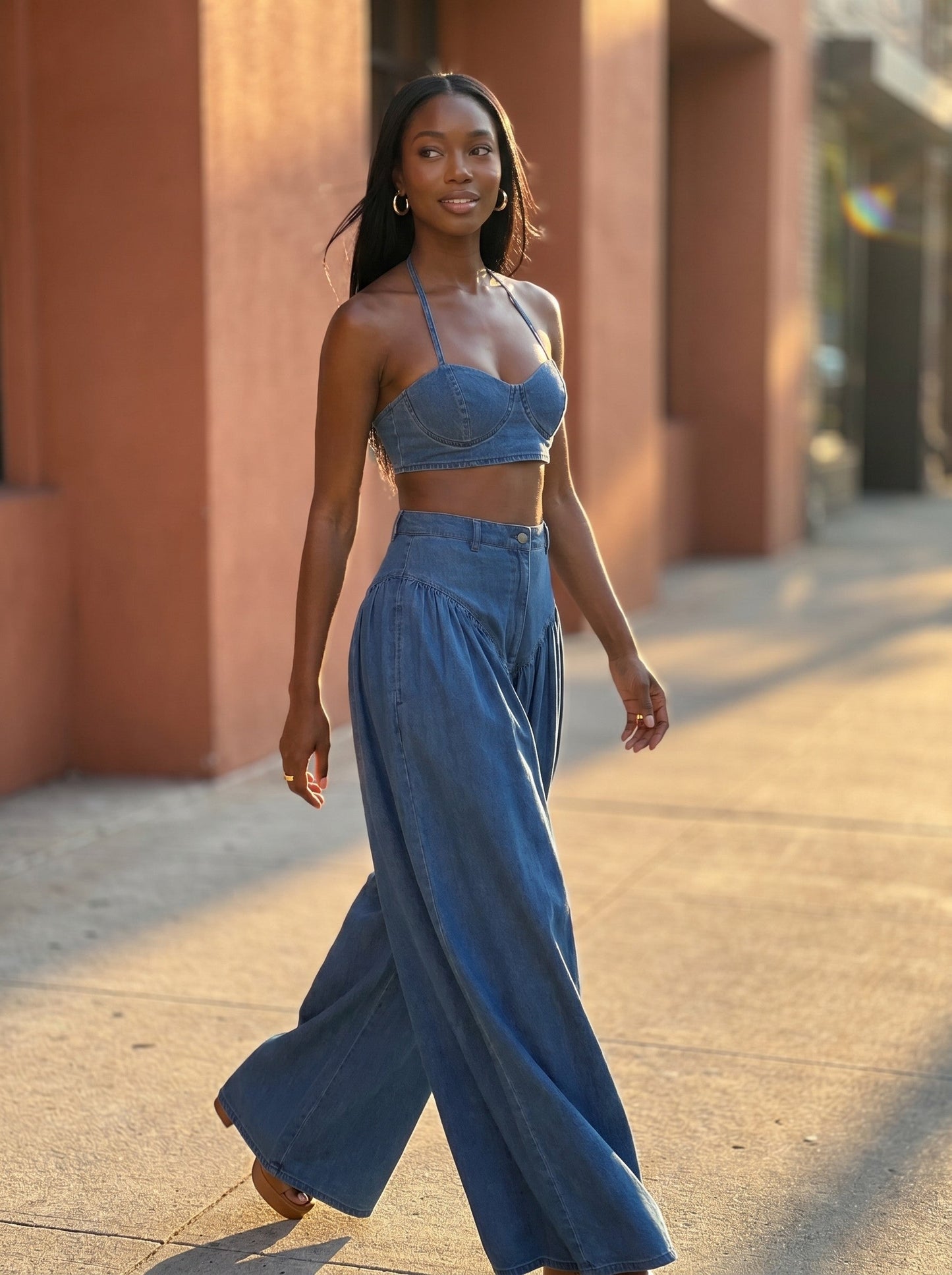 Boho Two-Piece Wide-Leg Pant Denim Set