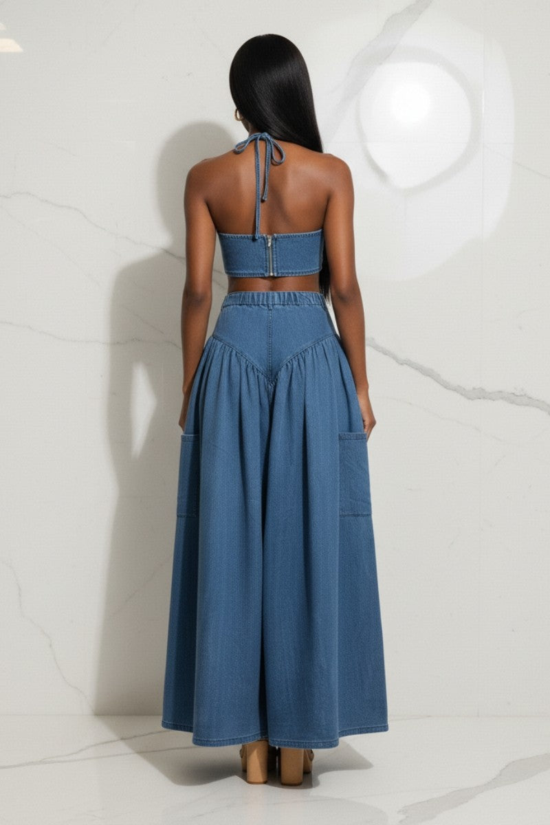 Boho Two-Piece Wide-Leg Pant Denim Set