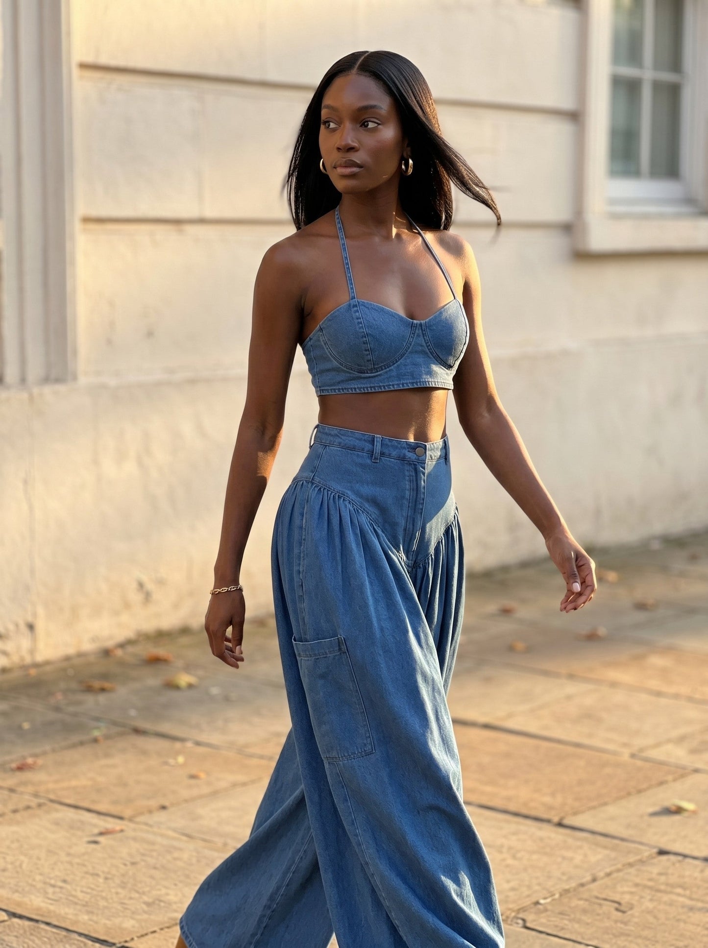 Boho Two-Piece Wide-Leg Pant Denim Set