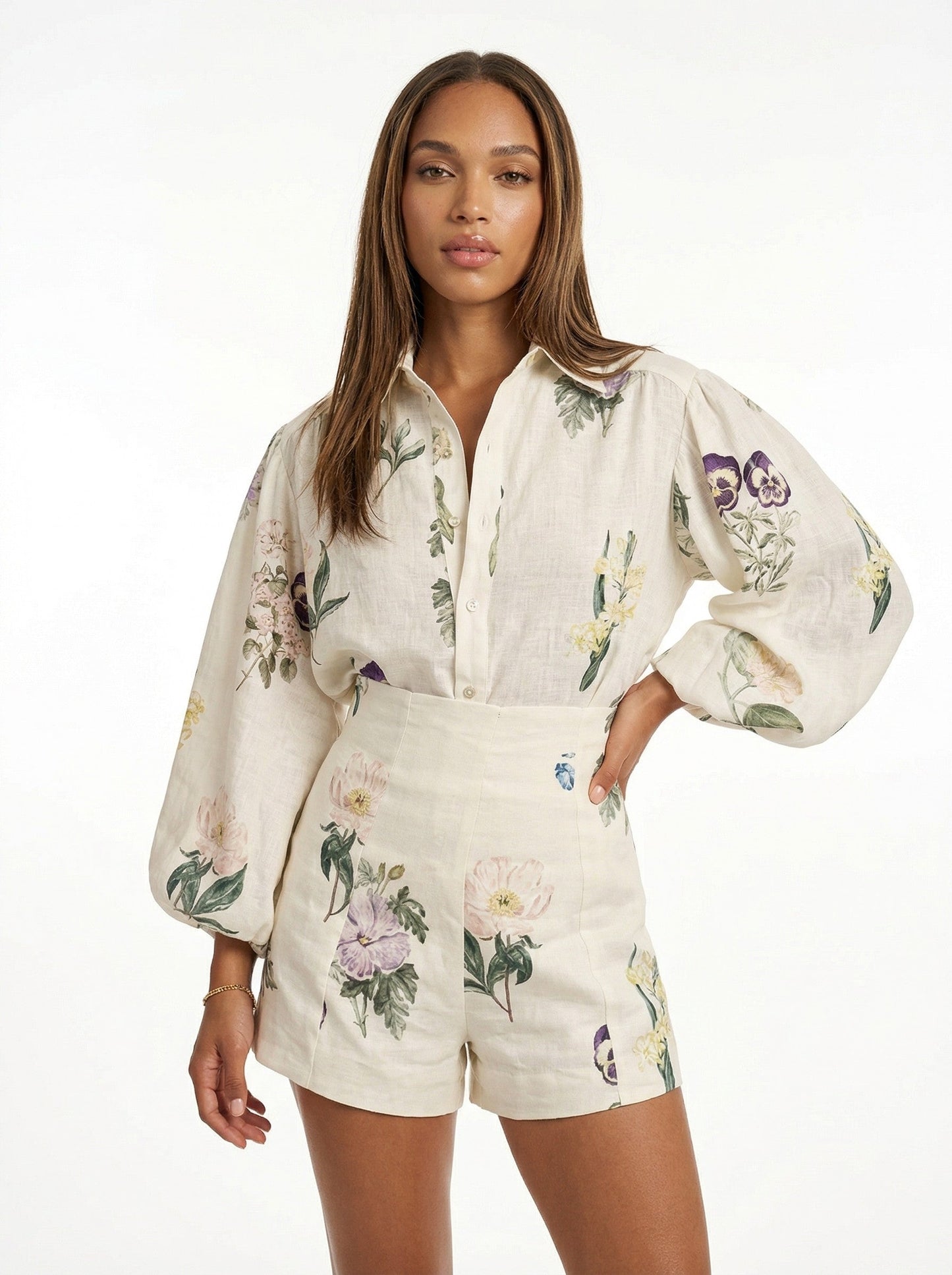 Painterly Botanical Linen Blouson Top and Shorts Set