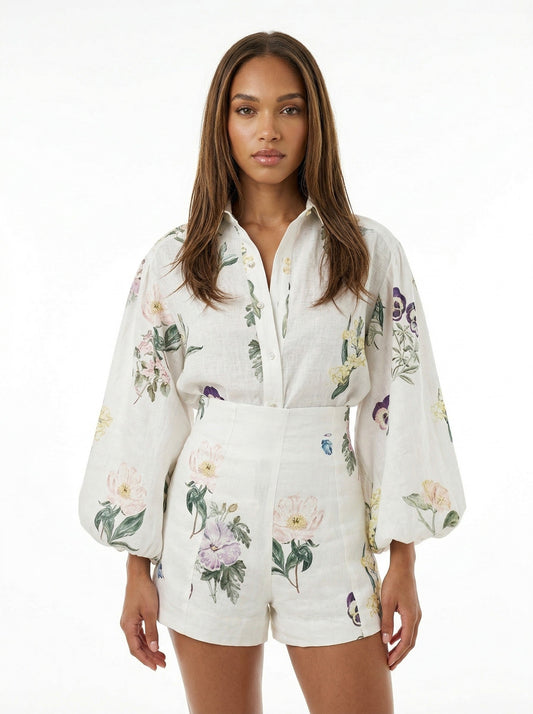 Painterly Botanical Linen Blouson Top and Shorts Set