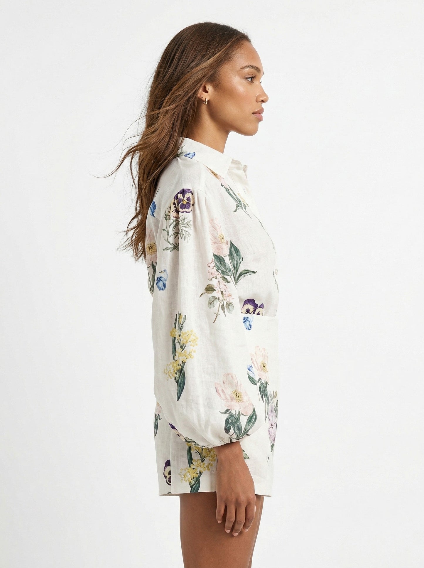 Painterly Botanical Linen Blouson Top and Shorts Set
