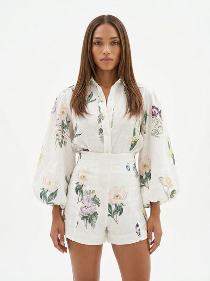 Painterly Botanical Linen Blouson Top and Shorts Set
