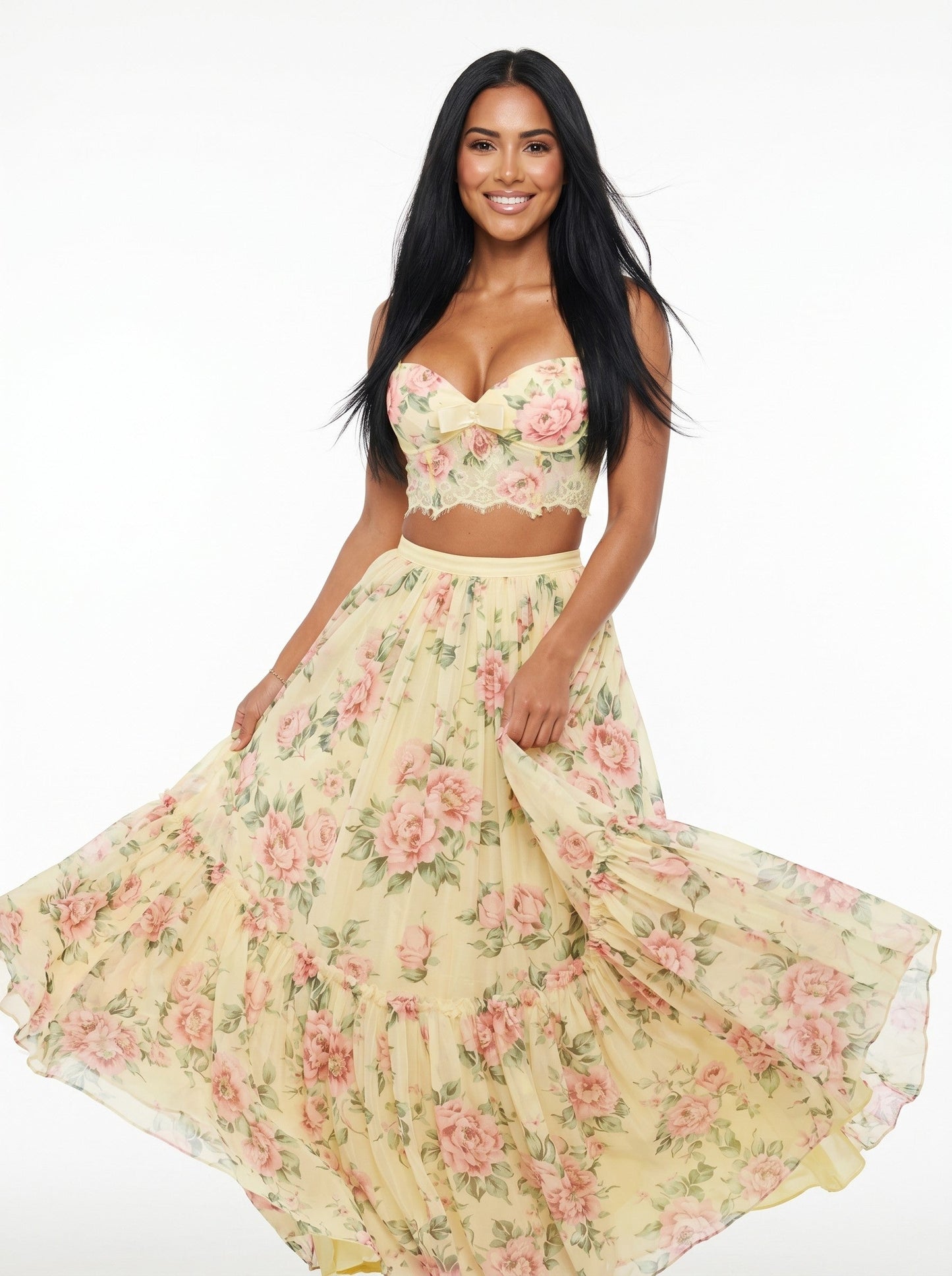 Whisper of Pastel Roses Floral Cropped Top and Maxi Skirt Set
