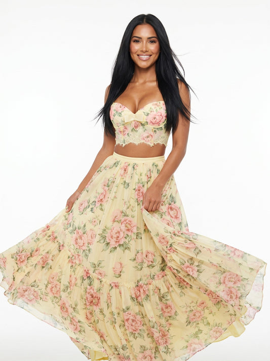 Whisper of Pastel Roses Floral Cropped Top and Maxi Skirt Set