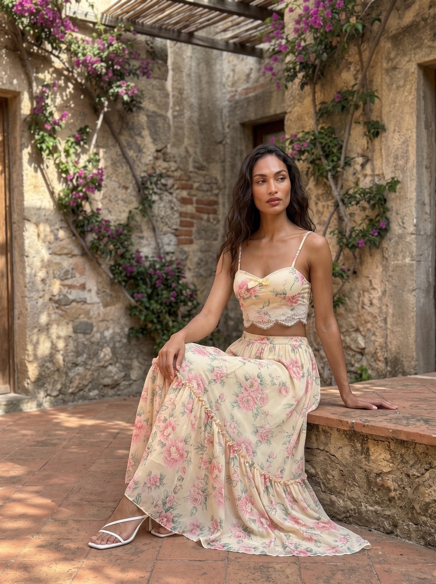 Whisper of Pastel Roses Floral Cropped Top and Maxi Skirt Set