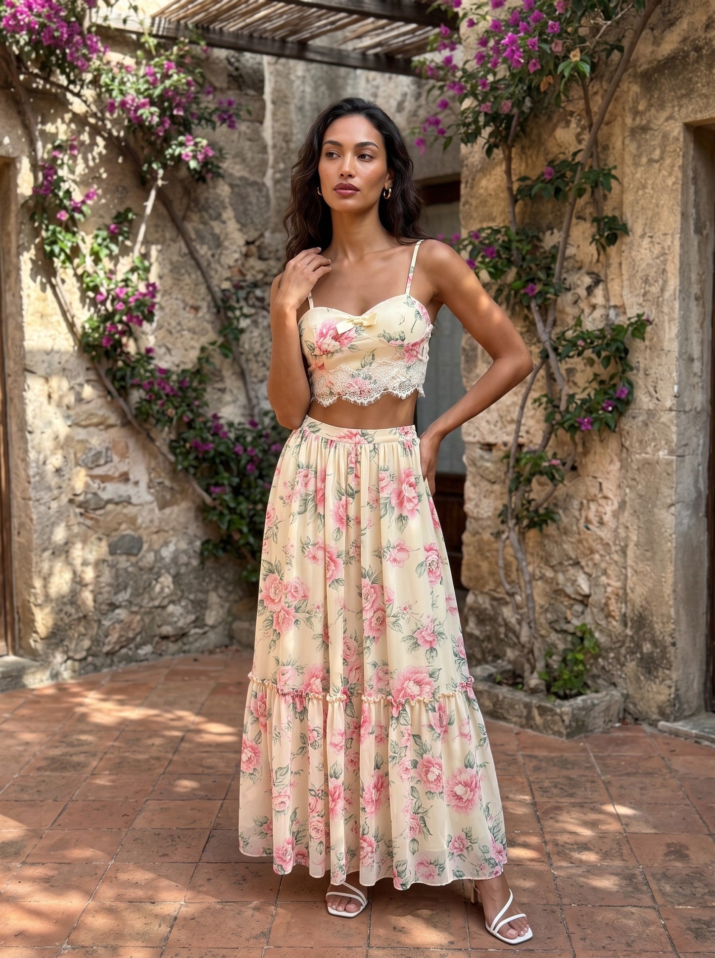 Whisper of Pastel Roses Floral Cropped Top and Maxi Skirt Set