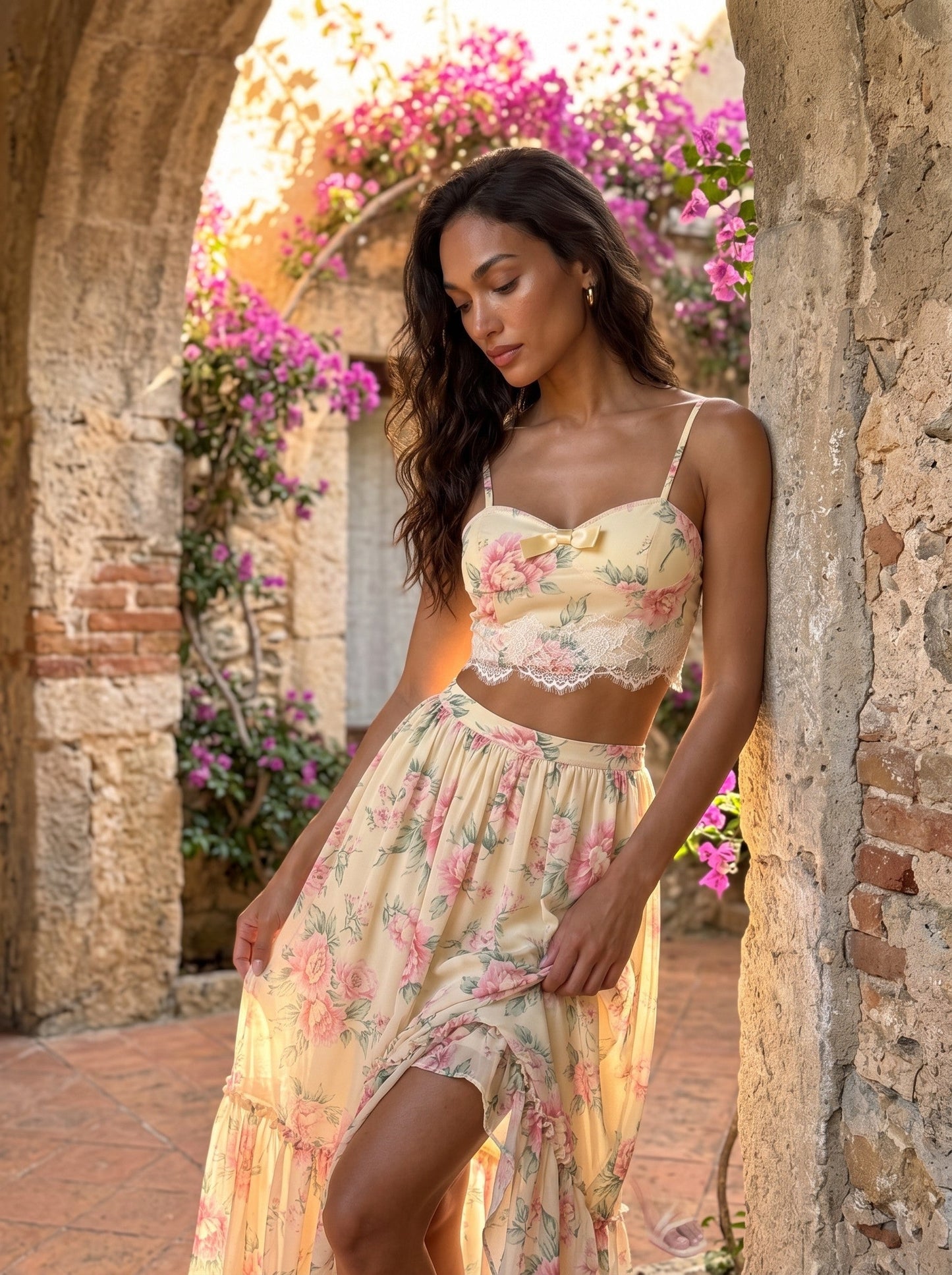 Whisper of Pastel Roses Floral Cropped Top and Maxi Skirt Set