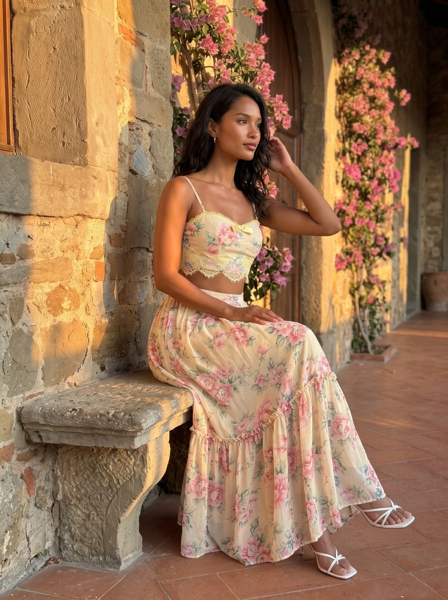 Whisper of Pastel Roses Floral Cropped Top and Maxi Skirt Set