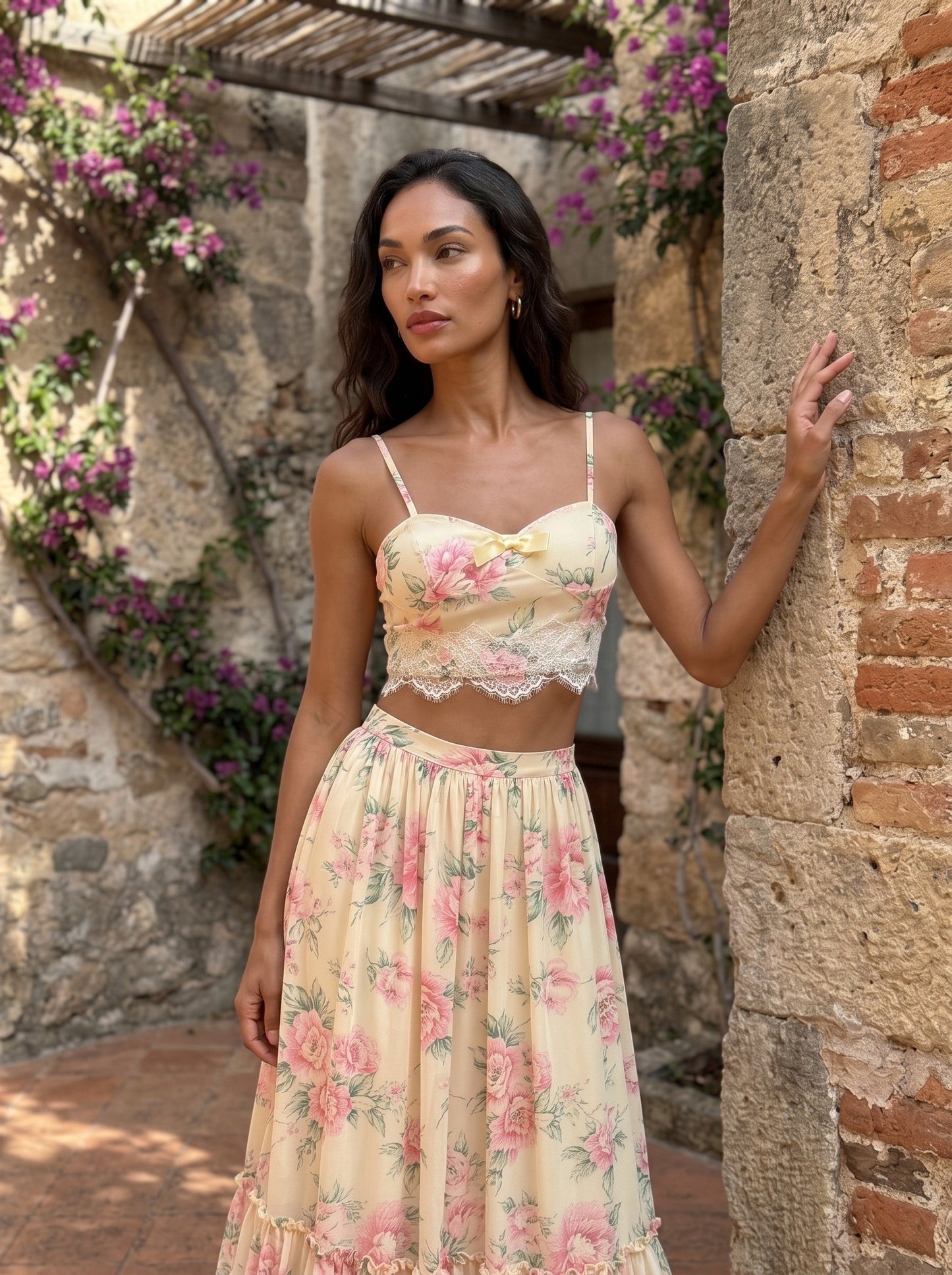 Whisper of Pastel Roses Floral Cropped Top and Maxi Skirt Set