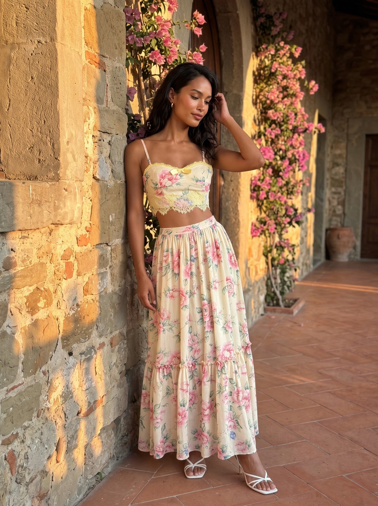 Whisper of Pastel Roses Floral Cropped Top and Maxi Skirt Set