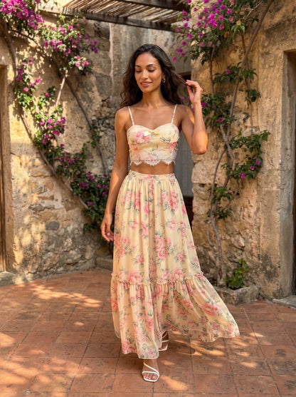 Whisper of Pastel Roses Floral Cropped Top and Maxi Skirt Set