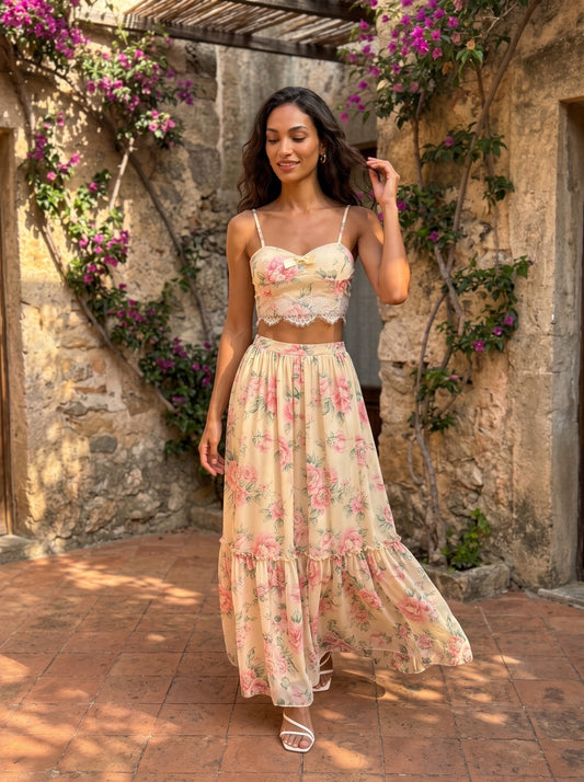 Whisper of Pastel Roses Floral Cropped Top and Maxi Skirt Set