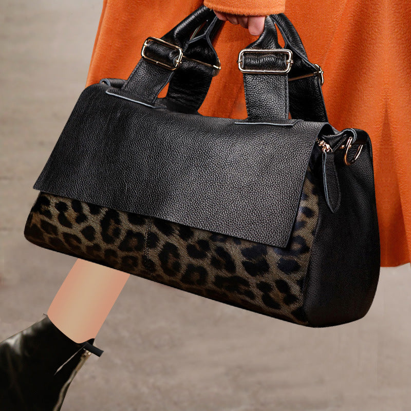 Chic Fashion Genuine Leather Trim Leopard Print Handbag