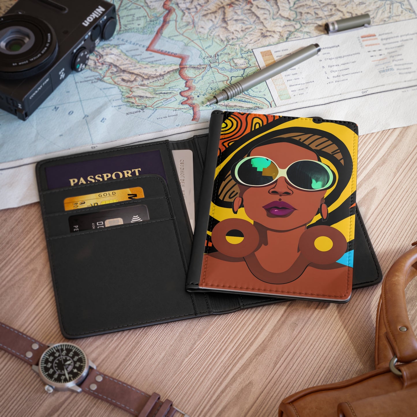 Vacation Vibes Vegan Leather Black Art RFID Blocking Passport Cover