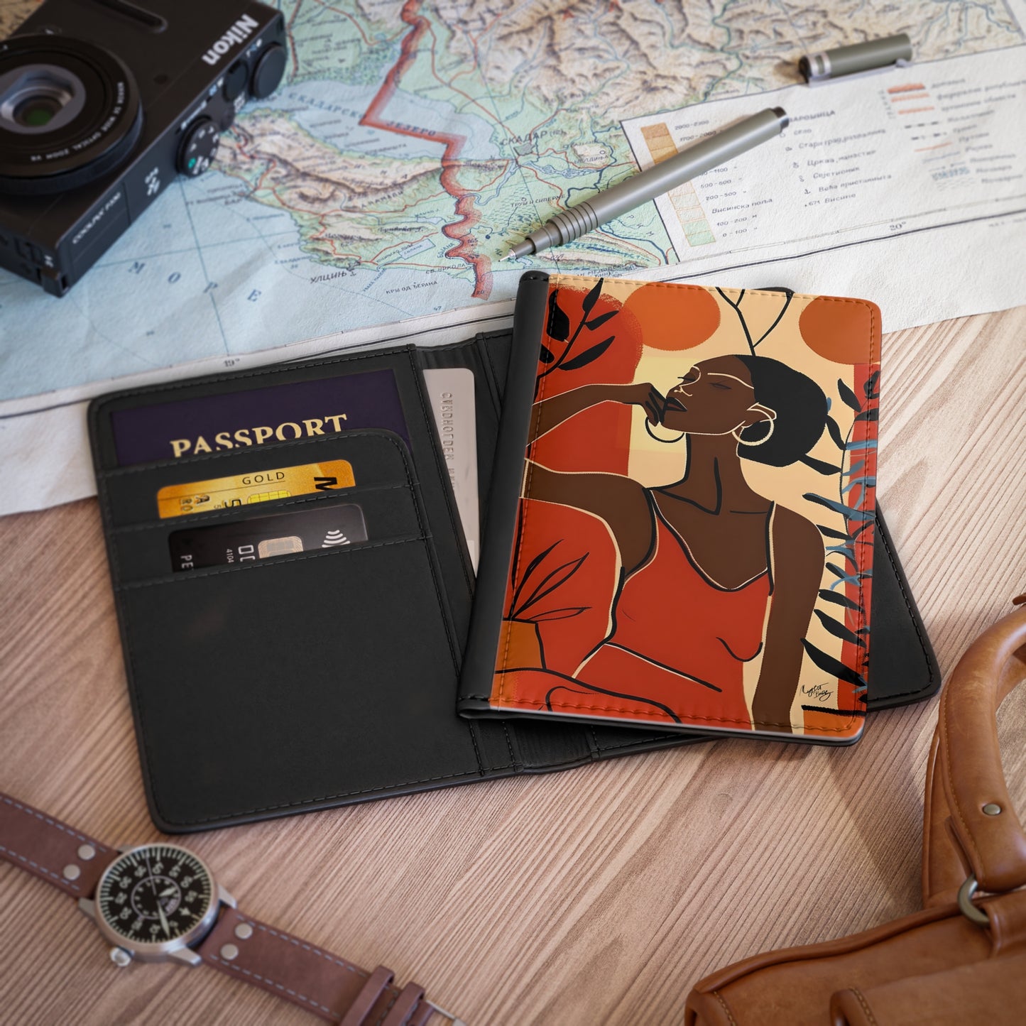 Evening At Home Vegan Leather Black Art RFID Blocking Passport Cover