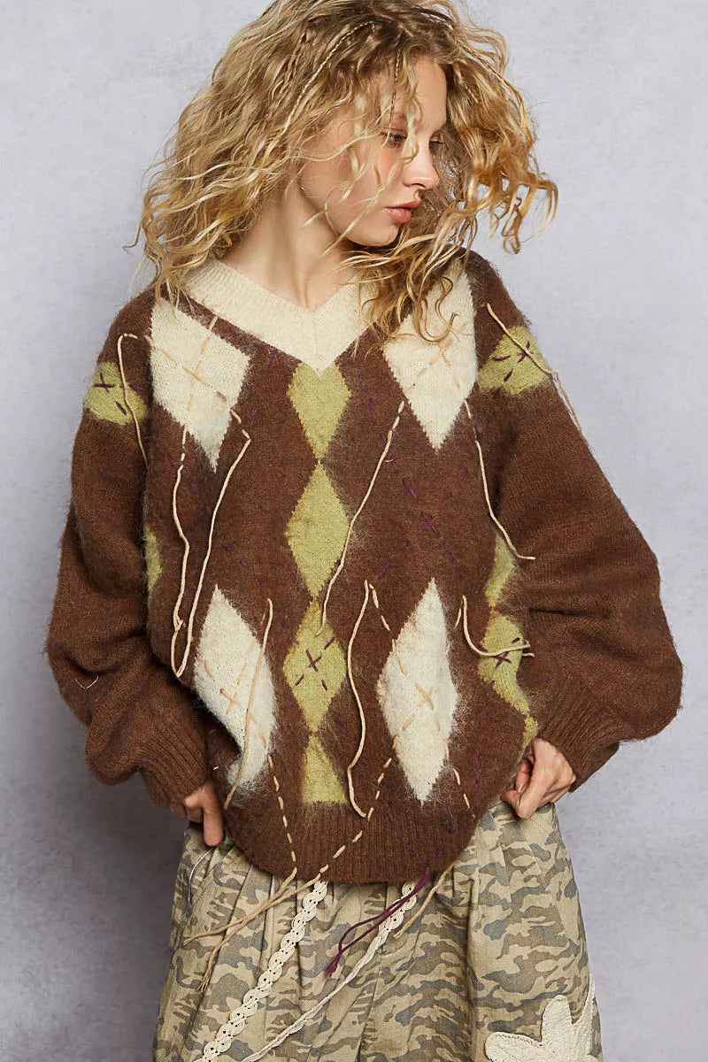 POL V-Neck Argyle Pattern Mohair Sweater with Contrast Exposed Stitch Detail - Xtreme Shopper