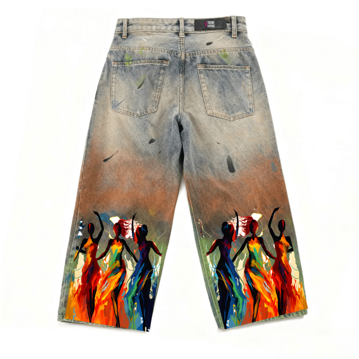 The Fluidity Afrocentric Print Unisex Vintage Washed Distressed Paint-Splatter Denim Jeans - Xtreme Shopper