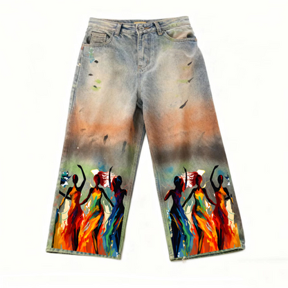 The Fluidity Afrocentric Print Unisex Vintage Washed Distressed Paint-Splatter Denim Jeans - Xtreme Shopper
