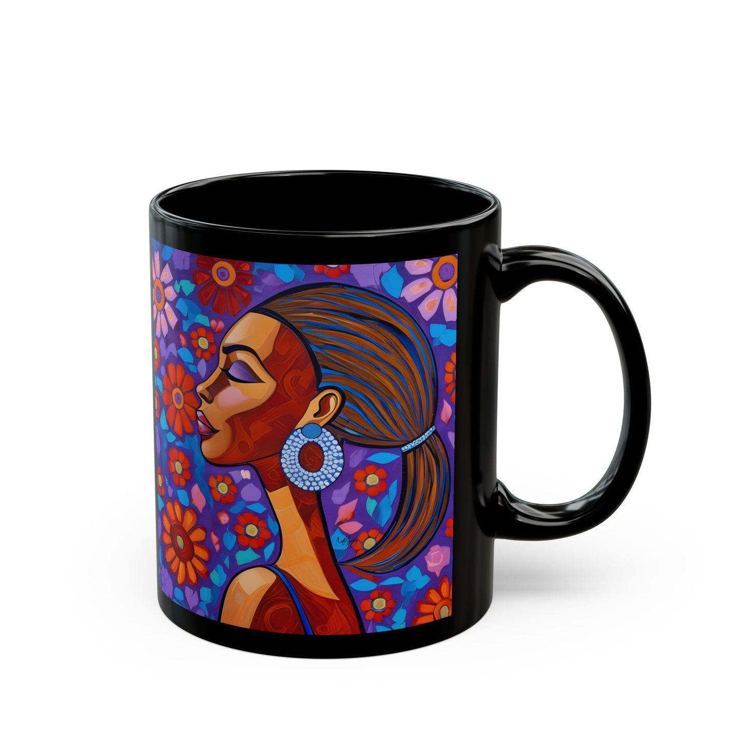Colorful Daises Afrocentric Black Woman Abstract Art 11oz Black Coffee Mug