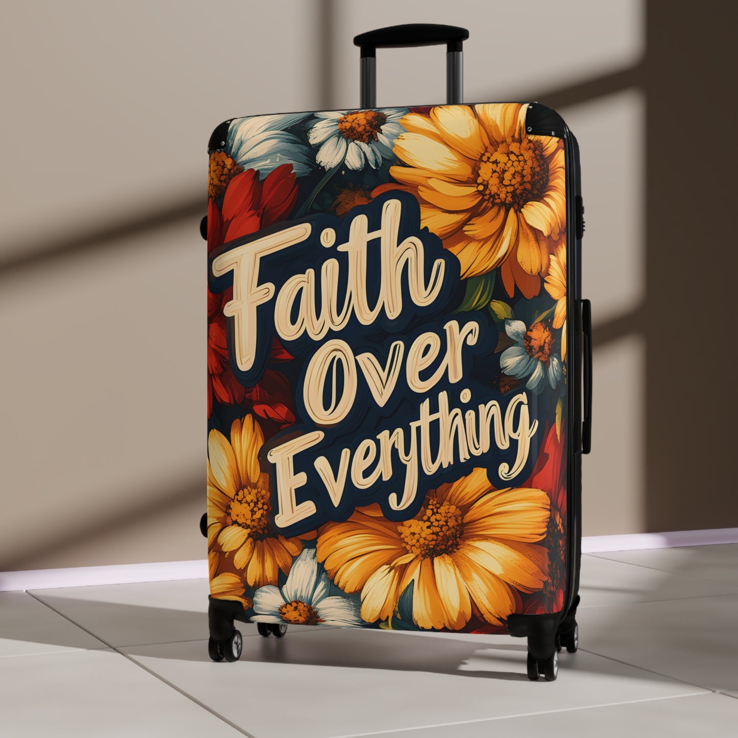 Faith Over Everything Spiritual Floral Art Hardshell Hardside Lockable Spinner Suitcase Luggage